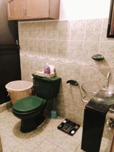 a bathroom with a green toilet and a sink at Casa de descanso in Alajuela City