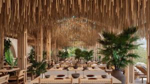 乌维塔Tiki Villas Rainforest Lodge - Adults Only的一家有桌椅、竹制天花板的餐厅