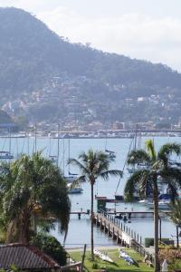 a large body of water with palm trees and a pier at Paraiso de Angra in Angra dos Reis
