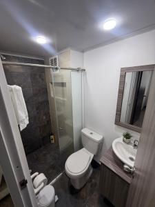 a bathroom with a toilet and a shower and a sink at Simplemente en Casa! in Manizales +2 photos