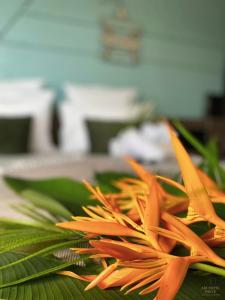 an orange flower sitting on top of a green leaf at Archipel Guadeloupéen - Entre grand balcon, piscine & lagon - Élégant cocon d'architecte 2 étoiles in Saint-François +20 photos