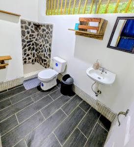 a bathroom with a toilet and a sink at Raindance in Santa Cruz