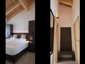 two pictures of a bedroom with a bed and a staircase at Almchalet Alpenglück in Sankt Lambrecht
