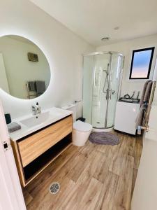 a bathroom with a shower and a sink and a toilet at Remarkables Escape 5mins Ski Field 7mins Airport in Queenstown