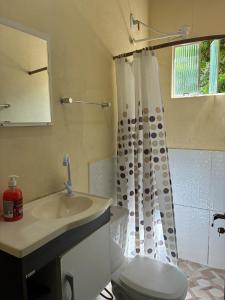 une salle de bain avec un lavabo, des toilettes et une douche dans l'établissement Casa Aconchego, 7 km de São Jorge, à Alto Paraíso de Goiás 12 autres photos