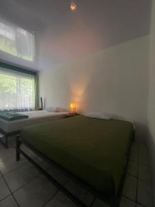 a bedroom with a large bed and a window at Villa Granja Agua Azul-wi-fi-AC-6 Personas-parqueo in Agua Azul