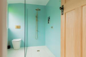een badkamer met een glazen douche met toilet bij Bicheno Beach House in Bicheno +26 foto's