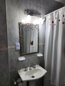 Un baño con lavabo y cortina de ducha. en Namaste, en Río Gallegos