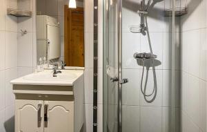 a bathroom with a shower and a sink at Gorgeous Home In Leinøy With House Sea View in Fosnavåg