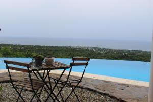 a table and two chairs sitting on a balcony with a pool at El Castillo Tropical Desconéctate de la civilización in Nagua