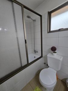 La salle de bains est pourvue de toilettes, d'une douche et d'une fenêtre. dans l'établissement MACHALI HABITACION PRIVADA PARCKING y WIFI, à Machalí