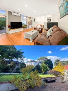 two pictures of a living room with a couch at Stylish 4BR Home in the Centro of Glen Waverley in Black Flat
