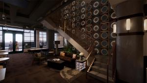 ナッシュビルにあるMotto By Hilton Nashville Downtownの階段とリビングルームのあるロビー +7枚の写真