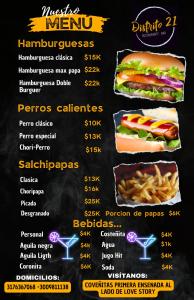 a menu for a restaurant with a sandwich and french fries at Cabañas y zona de camping Elis Johana in Coveñas +27 photos