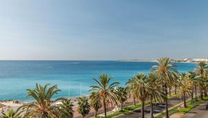 ニースにあるPromenade Chic Apartment Sea & Cityのヤシの木が植わる海とビーチの景色を望めます。
