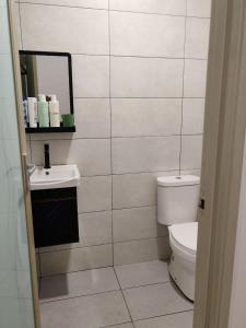 a bathroom with a toilet and a sink and a mirror at Homestay Q Haven in Kuantan