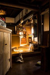 a cat laying on the floor in a room at 木古里ゲストハウス Kicoli guesthouse in Chizu