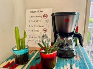 two plants sitting next to a blender on a table at 江の島ハウス in Fujisawa