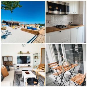 a collage of pictures of a kitchen and a living room at Modern Apartment - Work from Zanzibar (Fumba Town) in Dambani