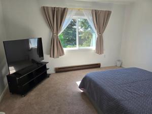 ein Schlafzimmer mit einem Bett und einem Fernseher und einem Fenster in der Unterkunft Cozy 2BR - Near Airport & City in Seattle