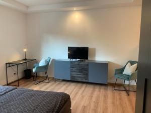 a bedroom with a bed and a tv and two chairs at 1-Raum-Wohnung am Kurpark am Gradierwerk in Salzelmen