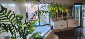 a bathroom with two sinks and a tub with plants at Coorong GateAway POOL - SPA - SAUNA in Hindmarsh Island