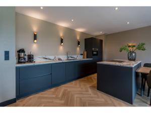 a kitchen with blue cabinets and a counter top at Modern villa in De Cocksdorp near the beach in De Cocksdorp +15 photos