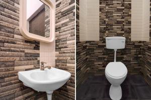two pictures of a bathroom with a toilet and a sink at Super Hotel O Auroville Bird Sanctuary Chennai Formerly Vanam Resort in Puducherry