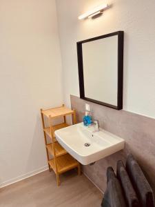 a bathroom with a sink and a mirror on the wall at Apartment-am-Burgberg, Harztor in Harztor