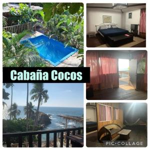 Un collage de fotografías de un resort con piscina y el océano. en Cocos Camp, en Acapulco