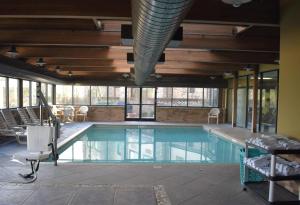 a large swimming pool in a building with windows at Comfort Inn & Suites Near Lake Guntersville in Scottsboro