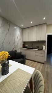 a kitchen and living room with a couch and a table at ILLYRIAN HOLDING Apart Hotel in Shkodër