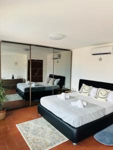 a bedroom with two beds and a mirror at Dina’s Flower House in Lierna