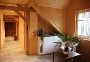 a kitchen with a sink and a stove in a room at Gasthaus Haldenhof in Märstetten