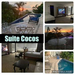 un collage de fotos de muebles y una piscina en Cocos Camp, en Acapulco