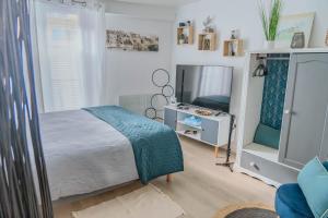 Un dormitorio con una cama y un televisor. en L'Appart'Mans -charmant-studio-centre ville-2 pers, en Le Mans
