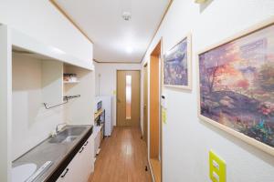 een keuken met een spoelbak en een aanrechtblad bij TDR9分 駄菓子とアートの可愛いミュージアム宿 夢が詰まった小さな宝箱 -TAMU-LAND Urayasu- in Urayasu