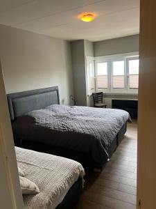 Un dormitorio con dos camas y dos ventanas. en Provence Driehuis Apartment, en Driehuis
