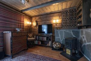 Una sala de estar con chimenea y televisión. en Villa Lilleheim, en Breim