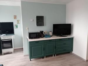 a kitchen with a green cabinet with a tv on it at Coriandre La Tisanerie 1 room apartment et lits d appoint in Condé-sur-lʼEscaut +4 photos