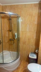a bathroom with a shower and a toilet at Hotel Poem in Călăraşi