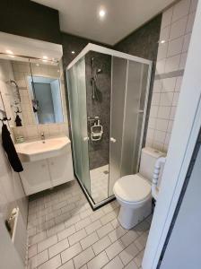 a bathroom with a shower and a toilet and a sink at Bungalow 002 in Petten