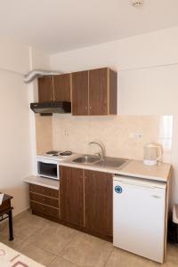 a kitchen with wooden cabinets and a white refrigerator at Vrokastro Apartments in Istro