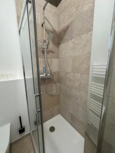a bathroom with a shower with a glass door at La suite du parc 1 in Nancy