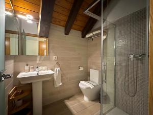 a bathroom with a toilet and a sink and a shower at Hostal Iratibizkar in Ochagavía +17 photos