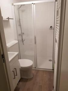 ein weißes Badezimmer mit Dusche und Toilette in der Unterkunft J 020 in Petten + 2 Fotos