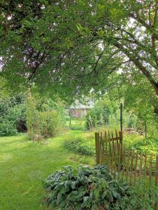 a garden with a wooden fence in a field at Coriandre La Tisanerie 1 room apartment et lits d appoint in Condé-sur-lʼEscaut