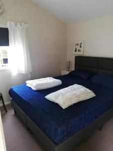 ein Schlafzimmer mit einem blauen Bett und zwei weißen Kissen in der Unterkunft J 059 in Petten