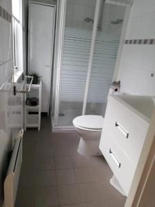 ein weißes Badezimmer mit Toilette und Dusche in der Unterkunft J 059 in Petten + 7 Fotos