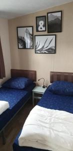 Ein Schlafzimmer mit zwei Betten, einem Tisch und Bildern an der Wand in der Unterkunft J 071 in Petten